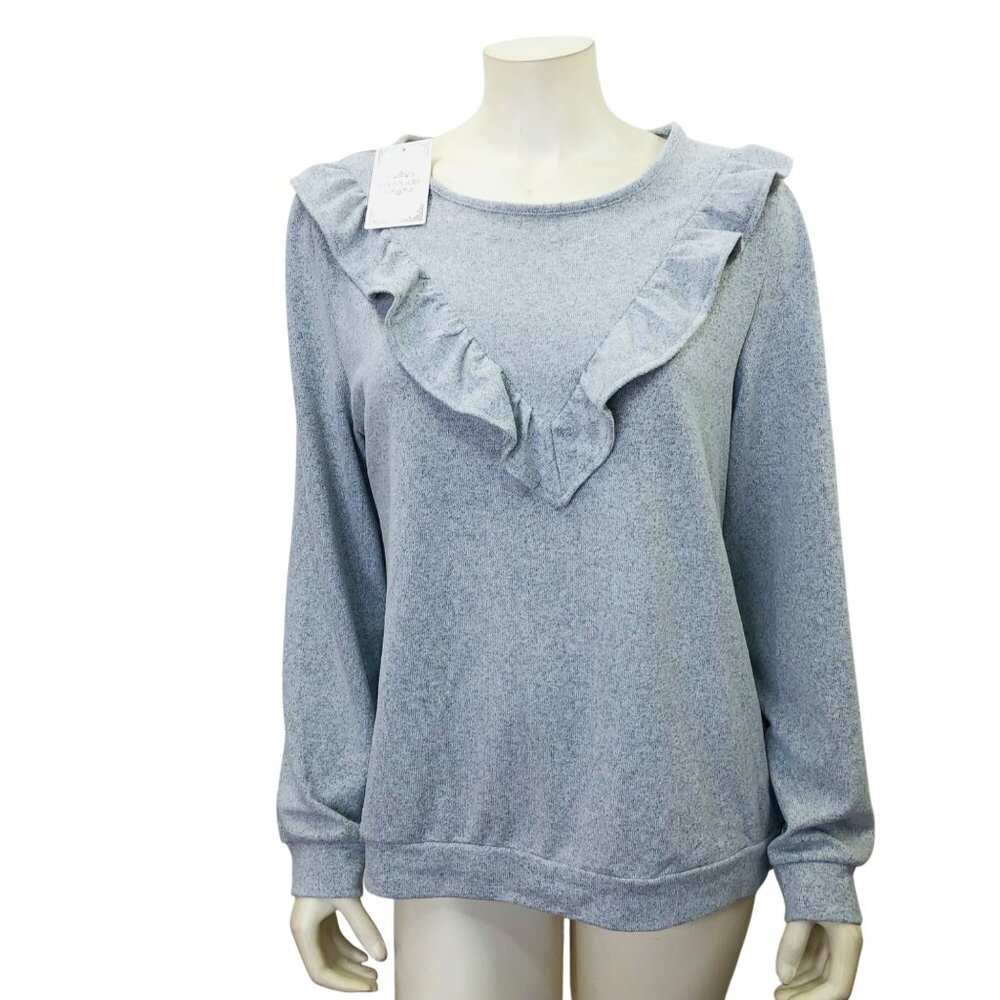 La Mode Womens Heather Gray Ruffled Long Sleeve Crew Neck Sweater Top L NWT